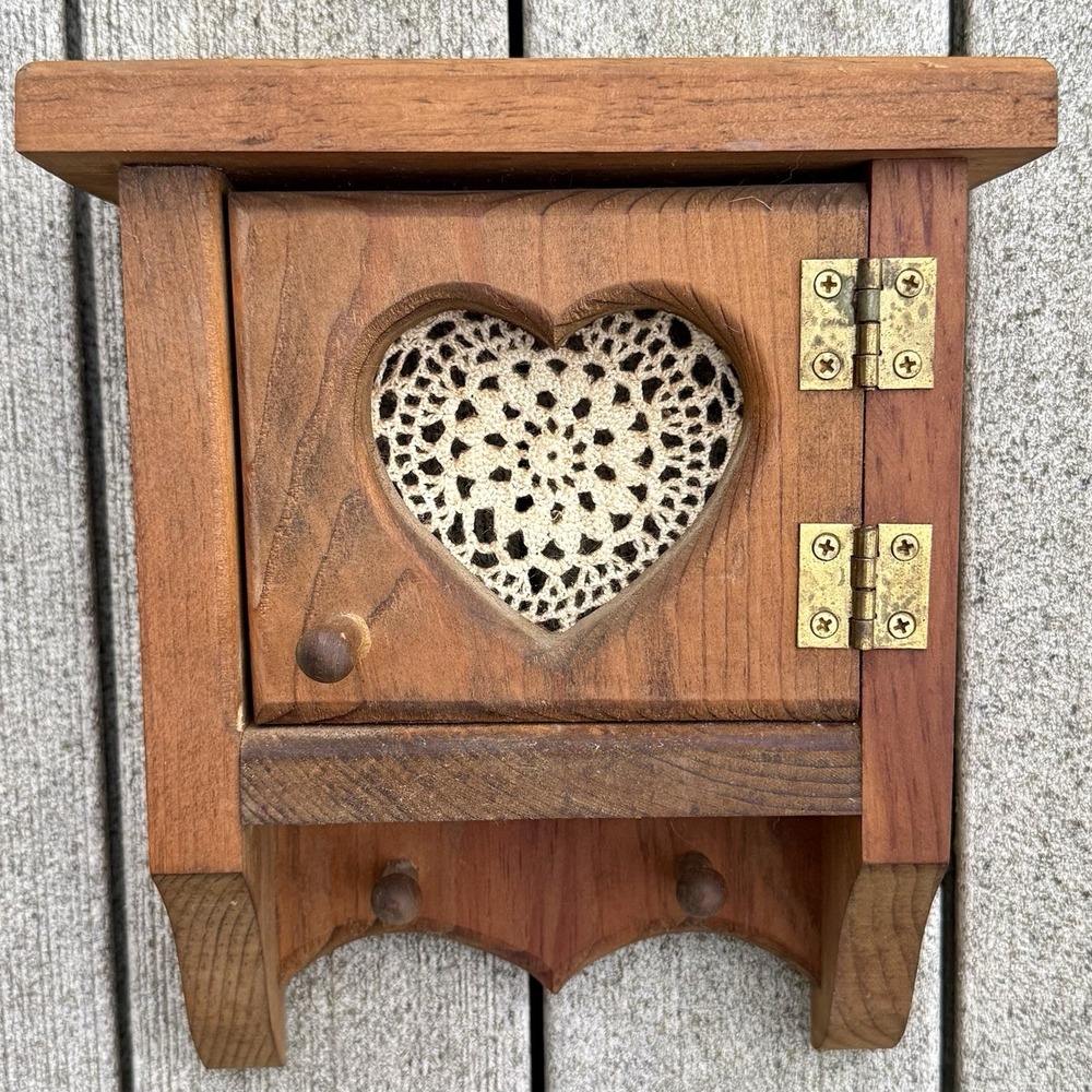 VTG 80s Handmade Wood Box Shelf Heart Crochet Doily Cottage Core Farm Country